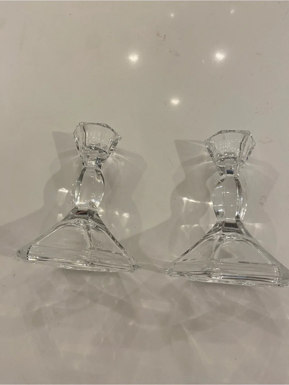 Vintage Clear Glass Candle Stick Holders w/ Flared Octagonal Base (2)